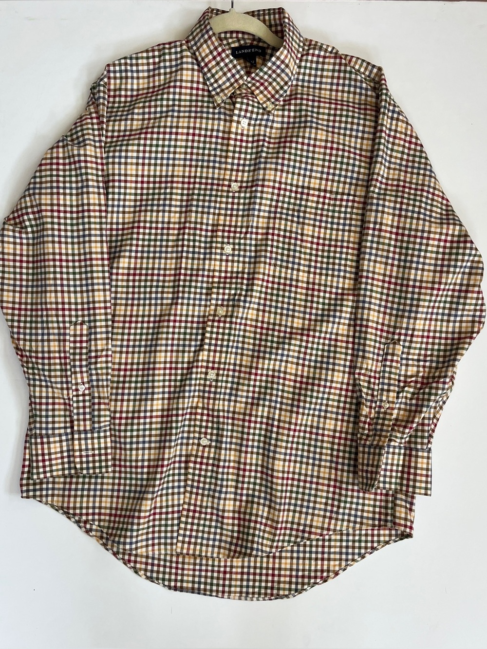 NWT Lands’ End Men's Multi-Check Button-Down Shirt - Tan/Green/Red Size 16-32